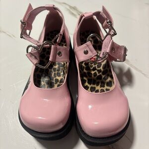 Demonia: Pink, Heart Buckle, Platform, Mary Janes.